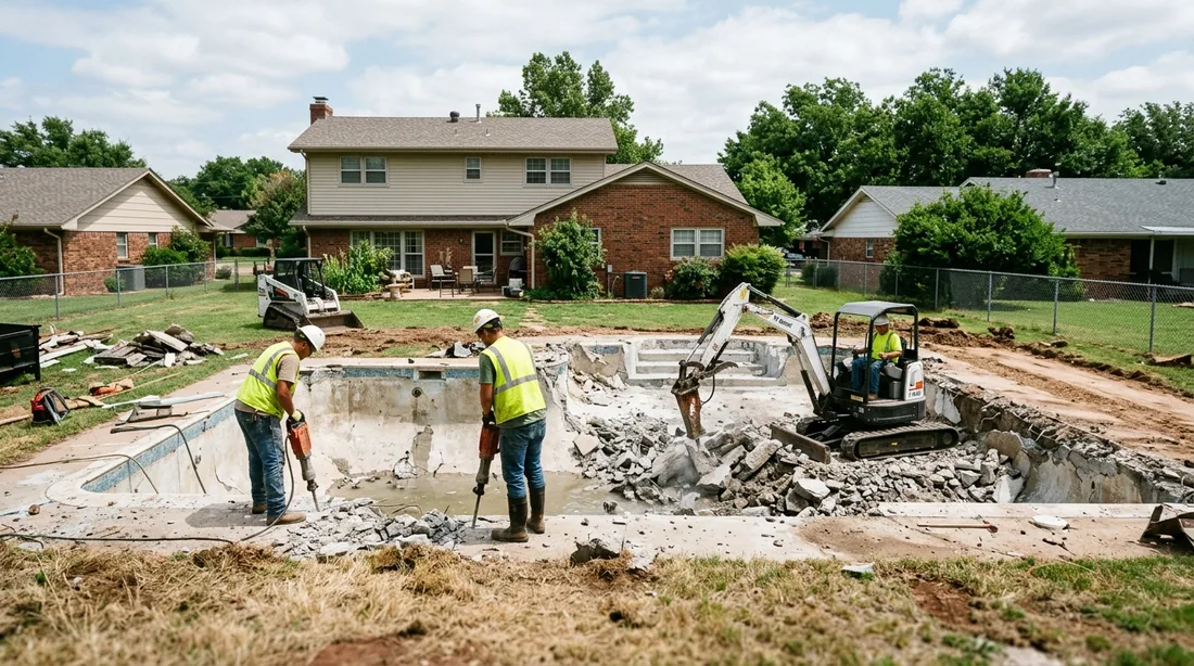 A small professional crew working on a pool demolition job at a property, seen from behind and at a — Oklahoma City, OK